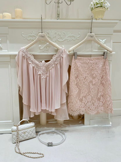 [Coquette] Chiffon Lace V-neck Blouse with Belt (Q1209)