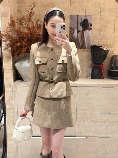 [Workwear] OL Tweed Blazer+Pleated Skirt Set (with Belt)