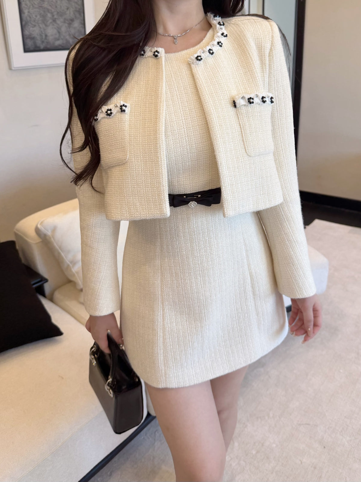 [Elegant] Pearl Tweed Crop Jacket & Skirt Set (Q1522)