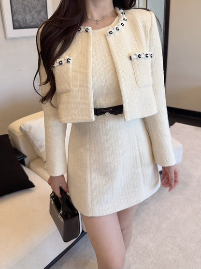 [Elegant] Pearl Tweed Crop Jacket & Skirt Set (Q1522)