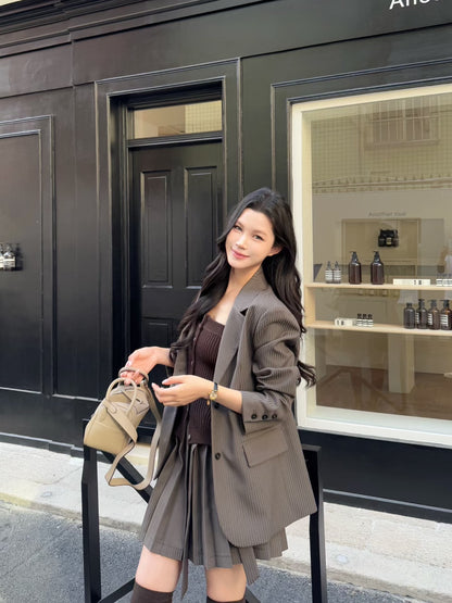 [Miu Style] Stripes Blazer + Pleated Skirt Set