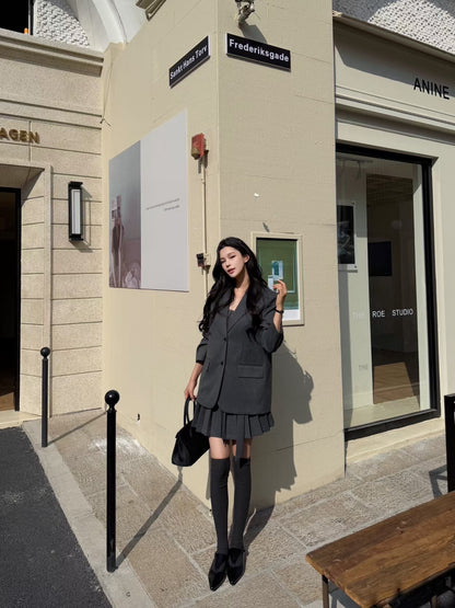 [Miu Style] Stripes Blazer + Pleated Skirt Set