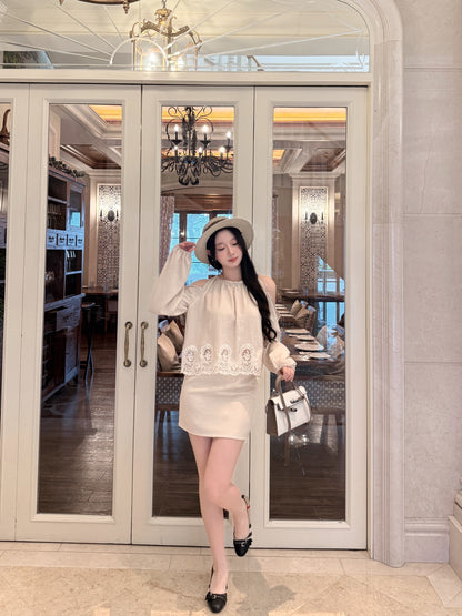 [Vacation] Halter Off-Shoulder Top and Skirt Two-Piece Set (Q1358)