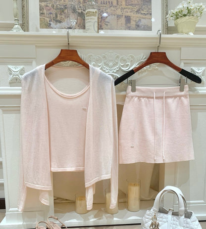 [Sweet] Soft Knit Cardigan Tank Top and Skirt Three-Piece Set (QH-015)