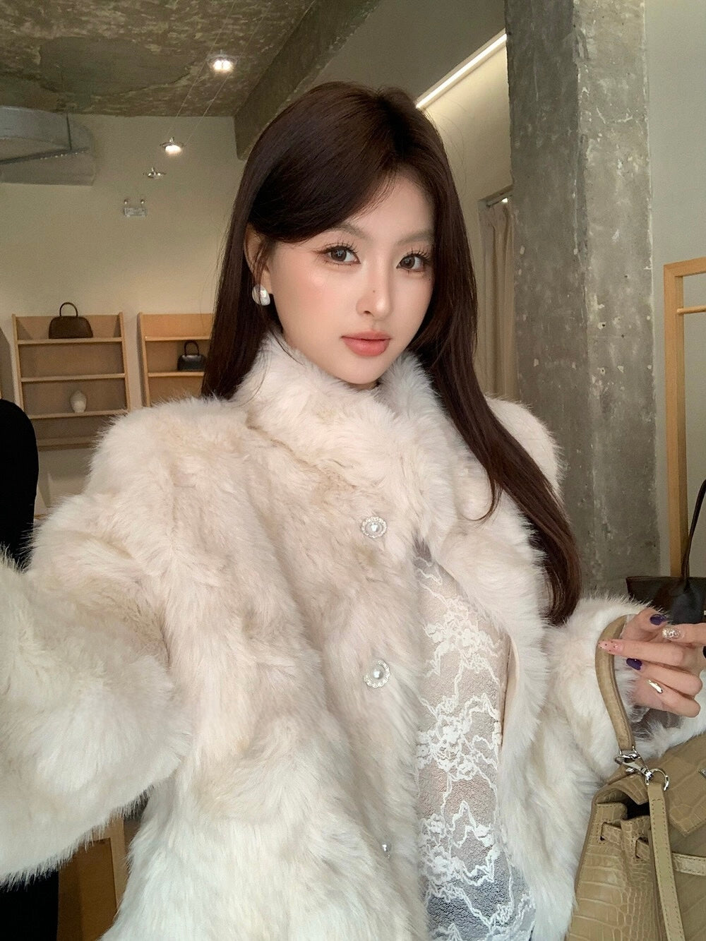 [Fluffy] Winter Synthetic Faux Fur Jacket