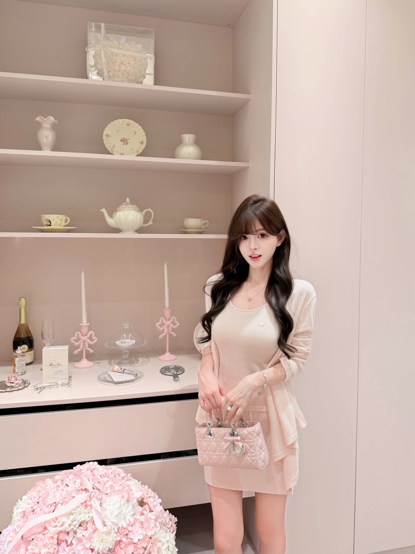 [Sweet] Soft Knit Cardigan Tank Top and Skirt Three-Piece Set (QH-015)