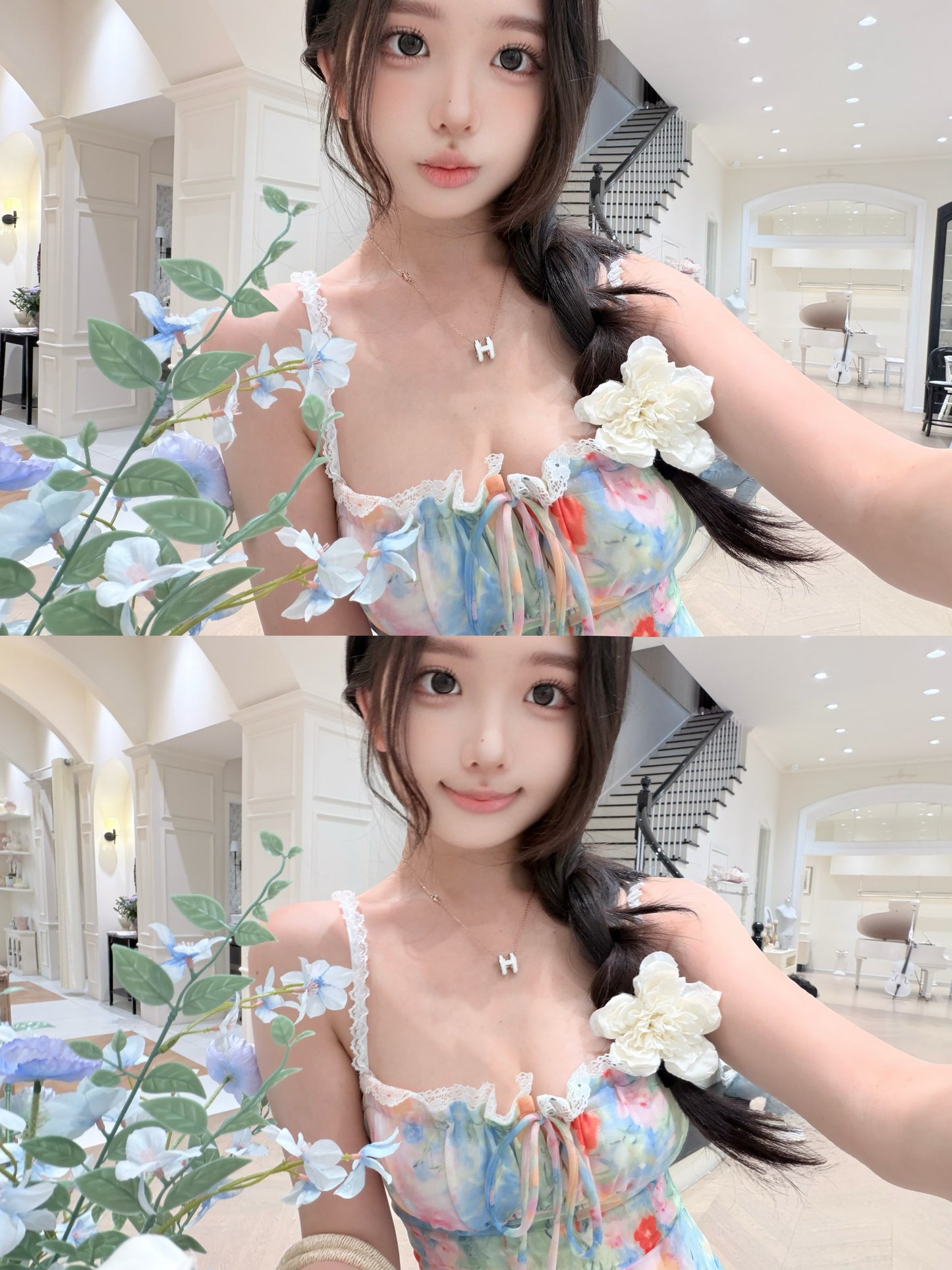 [Artistic] Watercolor Floral Lace Strap Mini Dress (QF083)