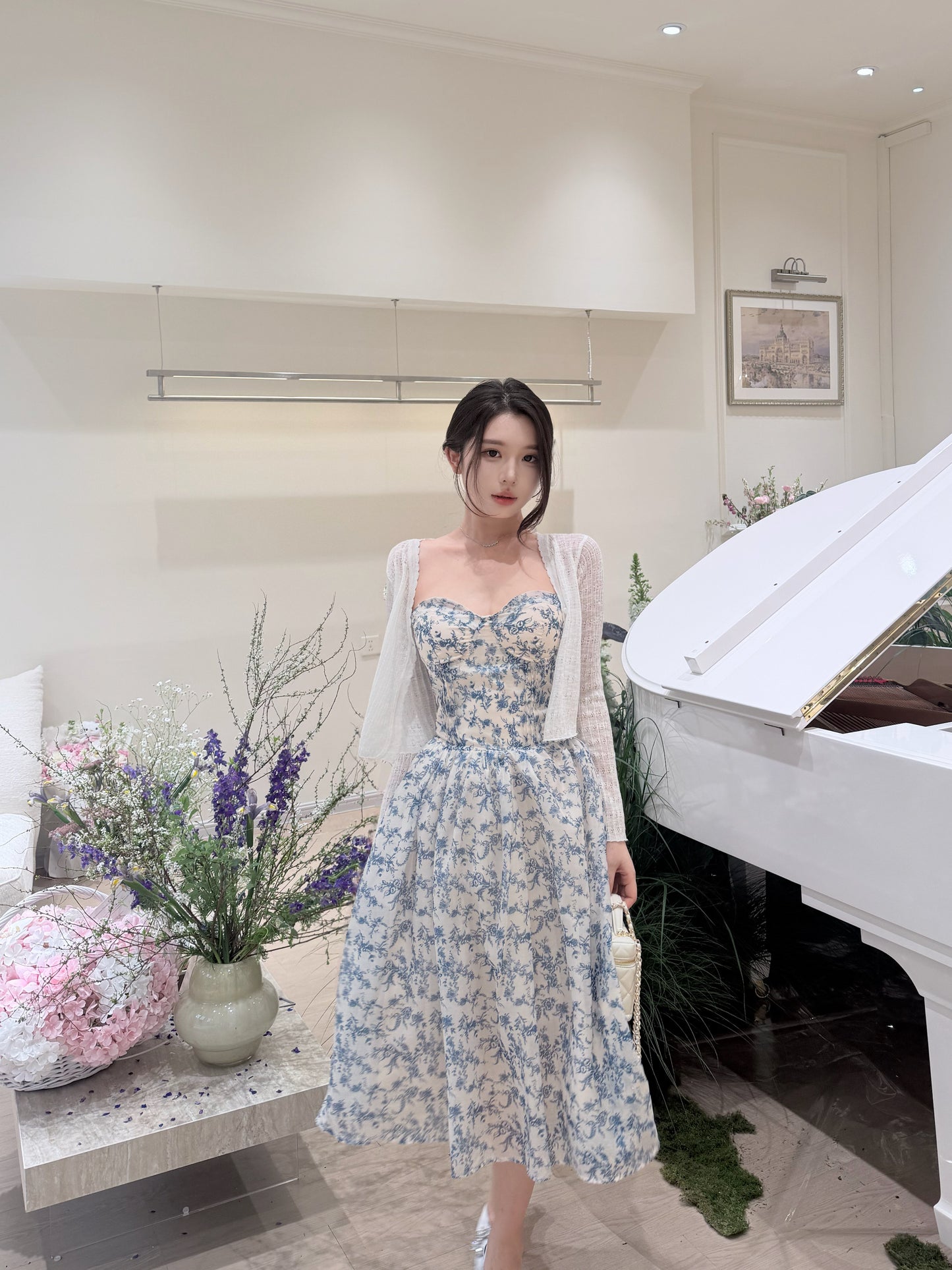[Artistic] Purple/Blue Floral Sweetheart Neckline Dress (QF066)