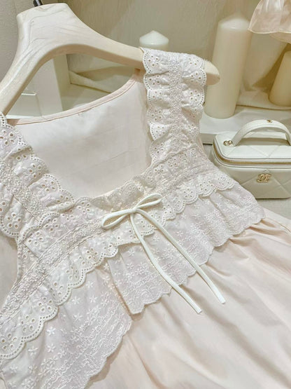 [Pajamas] Cream Lace Bow Detail 2-Piece Pajama Set (SY066)