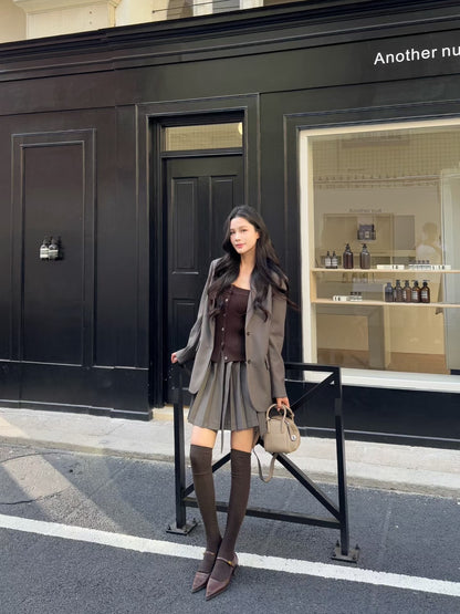 [Miu Style] Stripes Blazer + Pleated Skirt Set