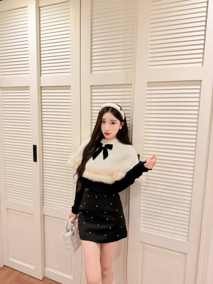 [Elegant] Fox Fur Trim Velvet Bow Cape (QH-081)