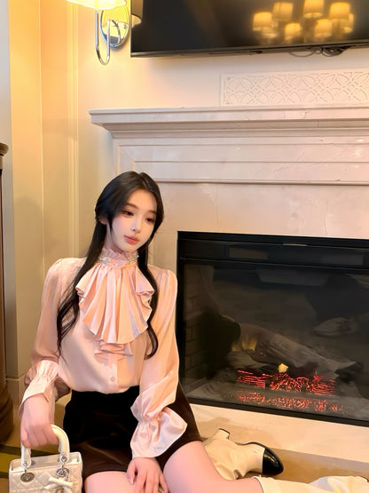 ⁠[Elegant] Stand Collar Ruffle Ribbon Satin Blouse (Q1535)⁠