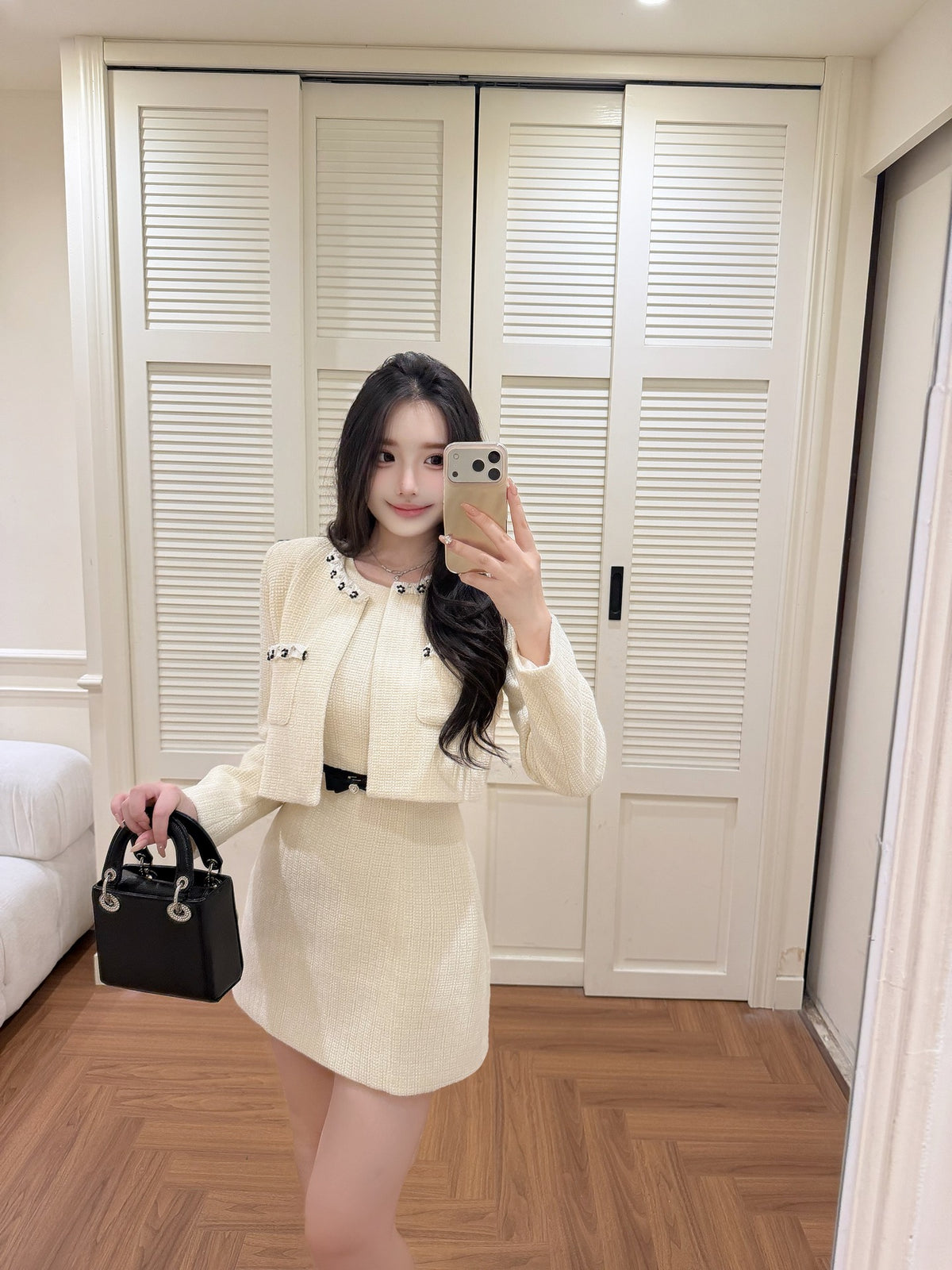 [Elegant] Pearl Tweed Crop Jacket & Skirt Set (Q1522)