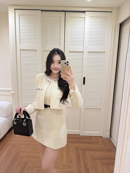 [Elegant] Pearl Tweed Crop Jacket & Skirt Set (Q1522)