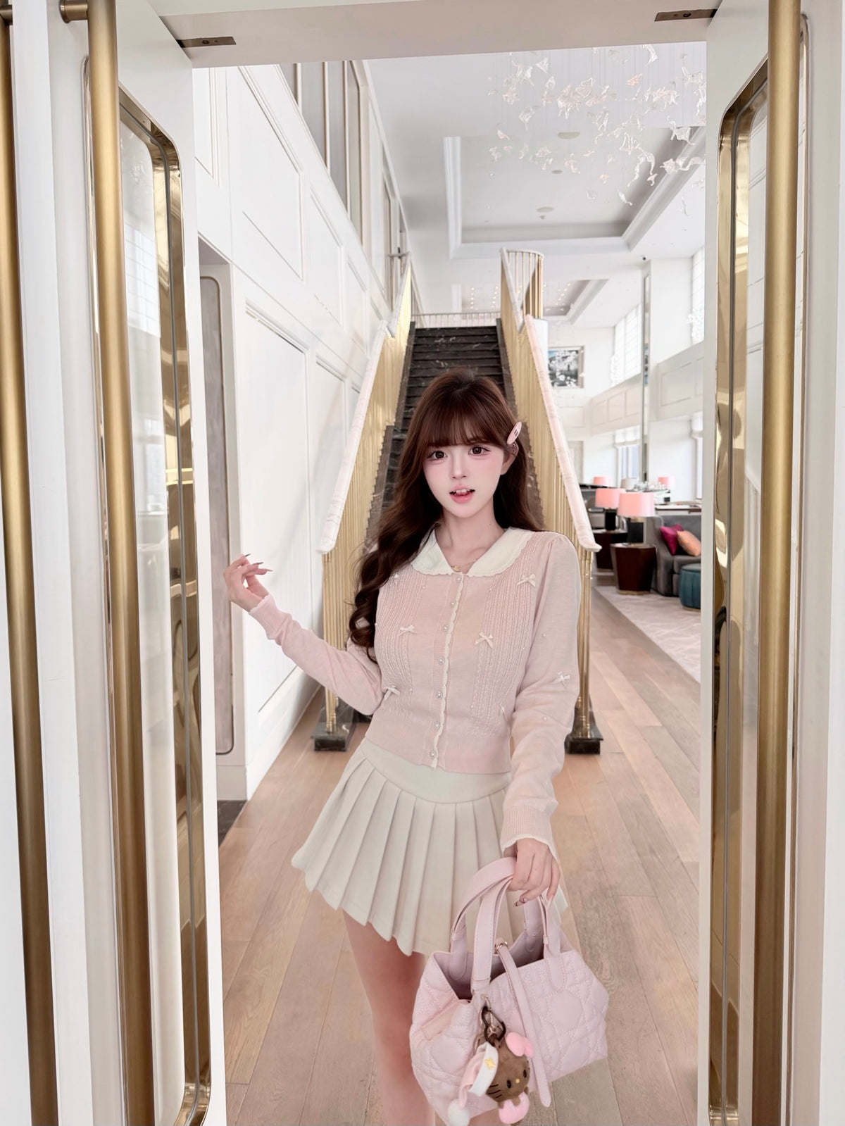 ⁠[Coquette] Doll Collar Ribbon Beaded Knit Cardigan (MY5813)⁠