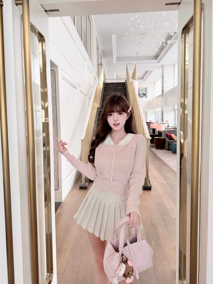 ⁠[Coquette] Doll Collar Ribbon Beaded Knit Cardigan (MY5813)⁠