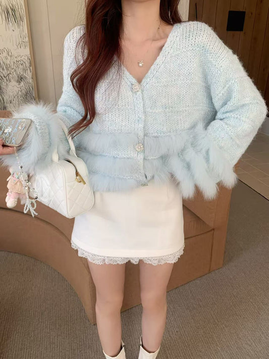 [Fluffy] Fox fur + Wool Cardigan