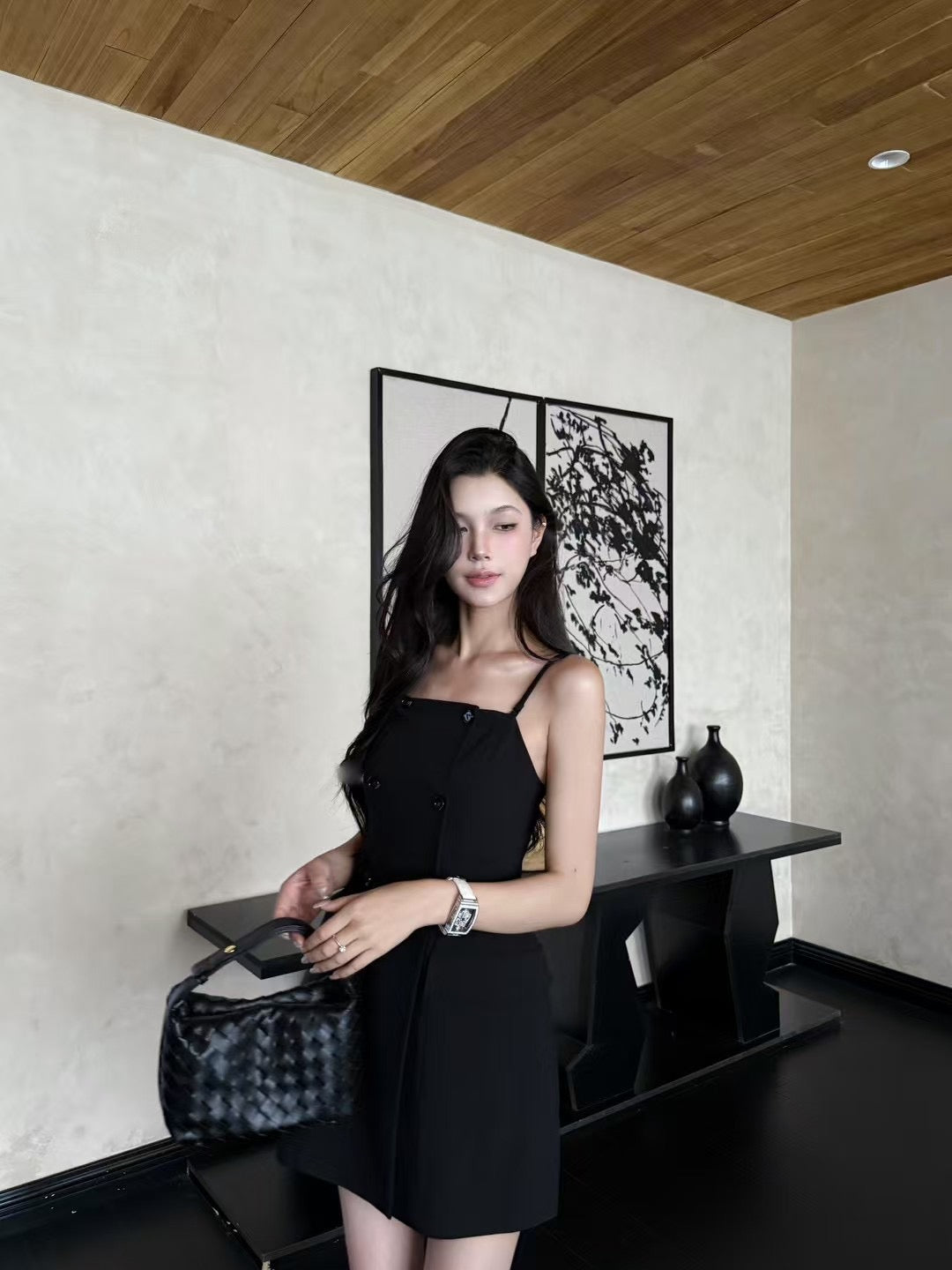[Celebrity] Double-breasted Suspender Dress