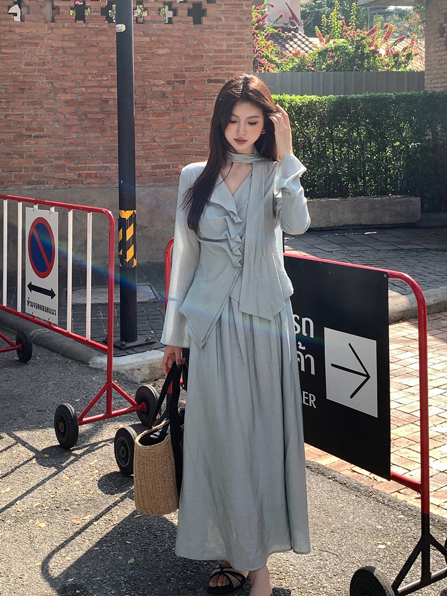 [Vacation] Chiffon Shirt + High-waisted Long Skirt Set