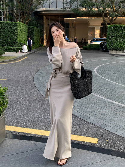 [Elegant] Spring Chiffon Shirt + High-waisted A-Line Long Skirt Set