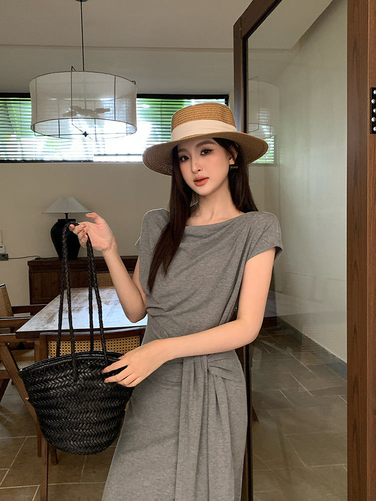 [Versatile] Waist Tie Design Short-Sleeve Long Dress