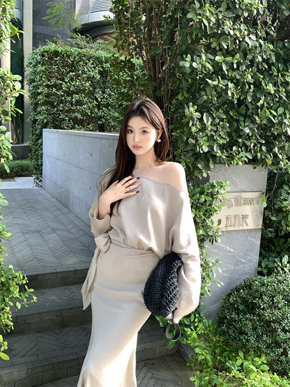 [Elegant] Spring Chiffon Shirt + High-waisted A-Line Long Skirt Set