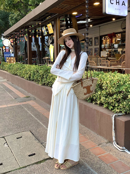 [Vacation] Chiffon Shirt + High-waisted Long Skirt Set
