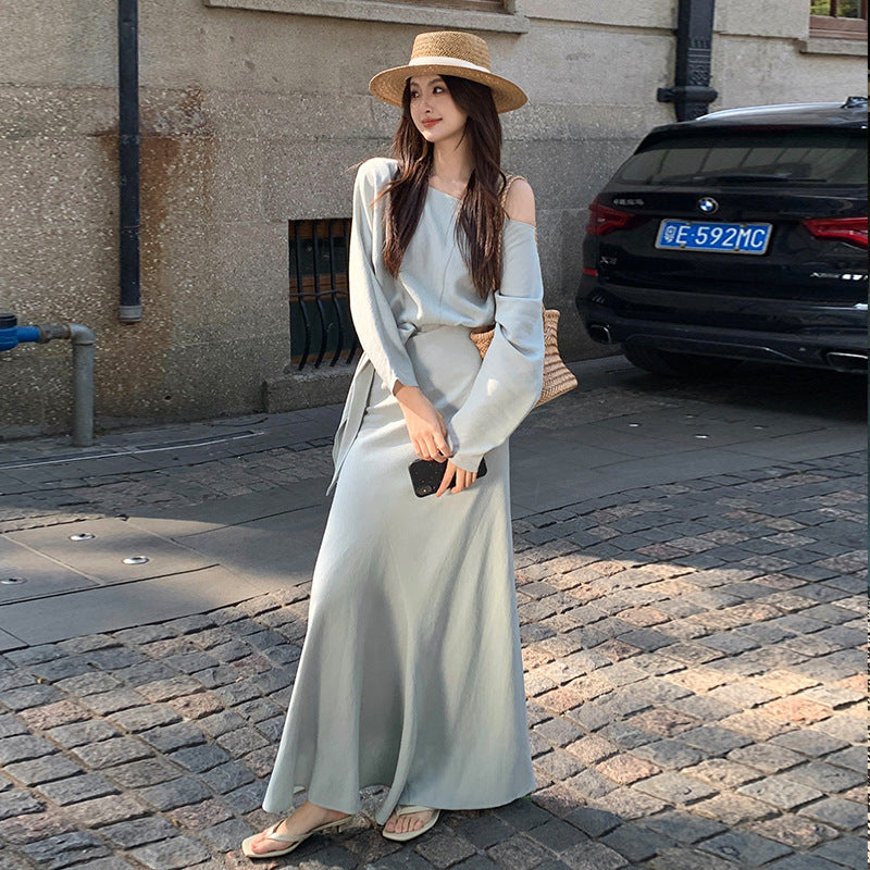 [Elegant] Spring Chiffon Shirt + High-waisted A-Line Long Skirt Set