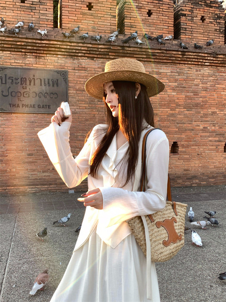 [Vacation] Chiffon Shirt + High-waisted Long Skirt Set