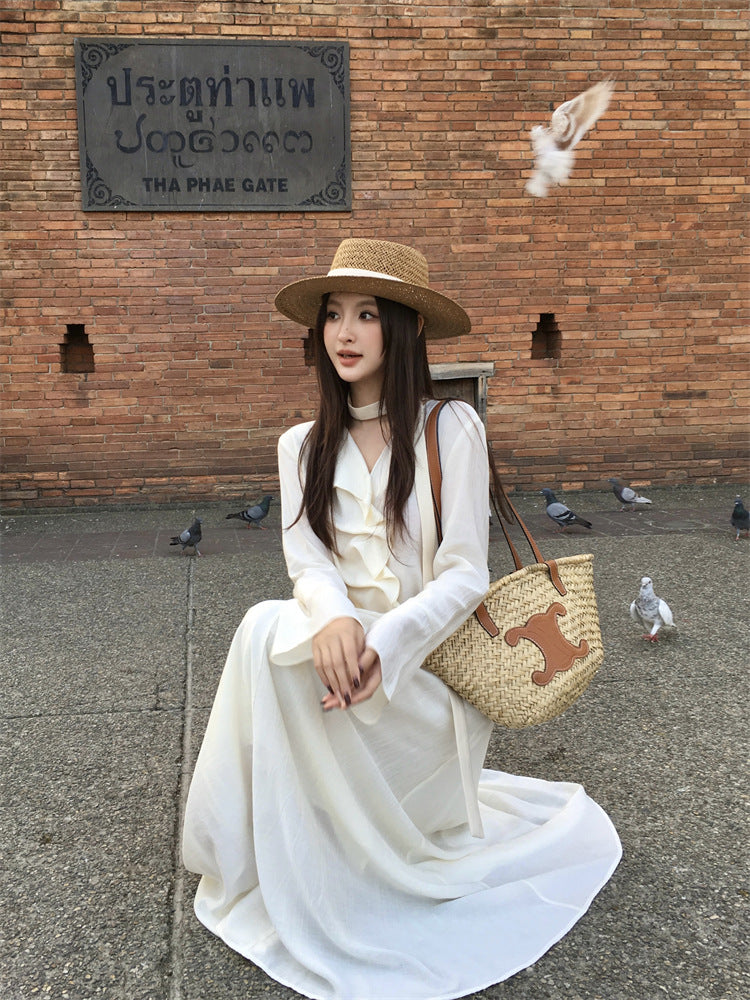[Vacation] Chiffon Shirt + High-waisted Long Skirt Set