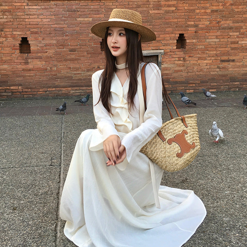 [Vacation] Chiffon Shirt + High-waisted Long Skirt Set