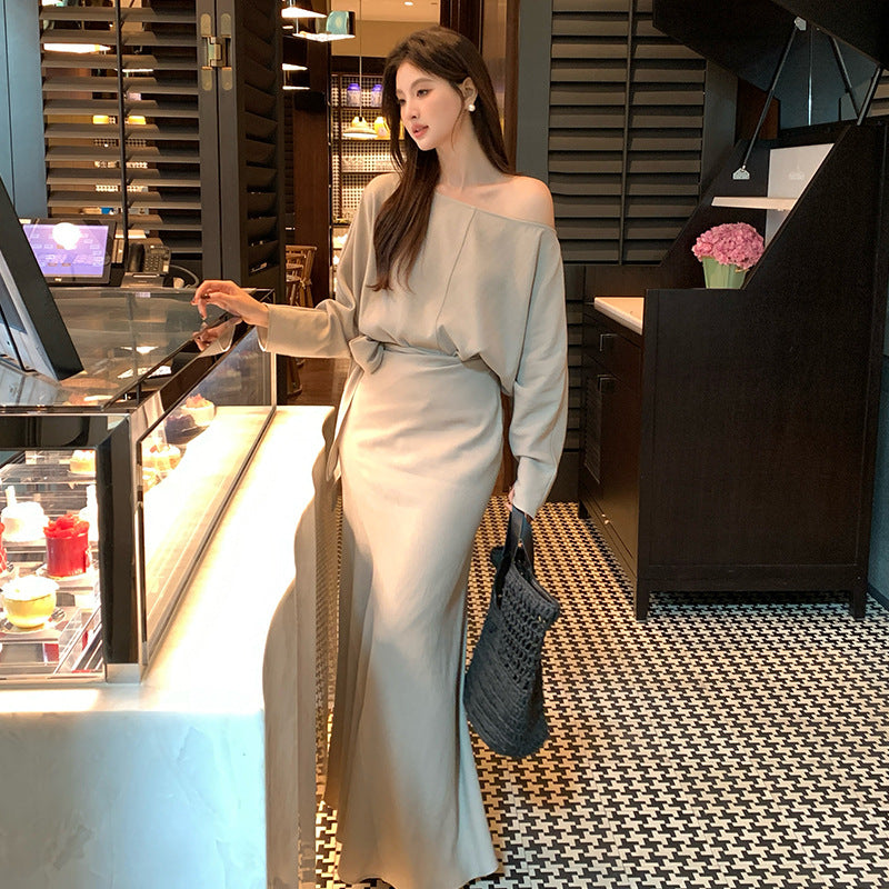 [Elegant] Spring Chiffon Shirt + High-waisted A-Line Long Skirt Set