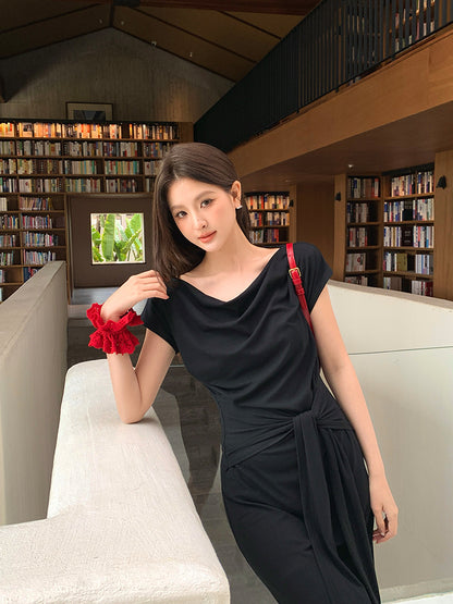 [Versatile] Waist Tie Design Short-Sleeve Long Dress