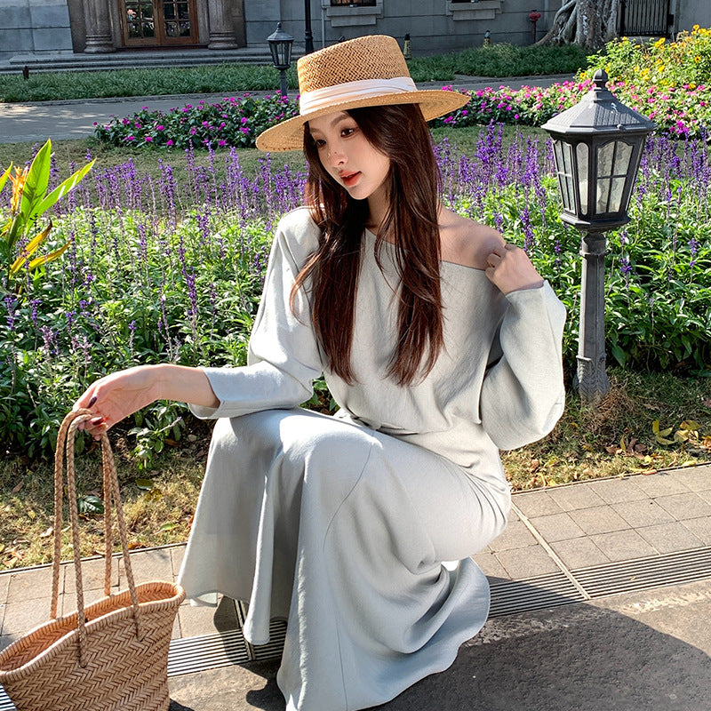[Elegant] Spring Chiffon Shirt + High-waisted A-Line Long Skirt Set