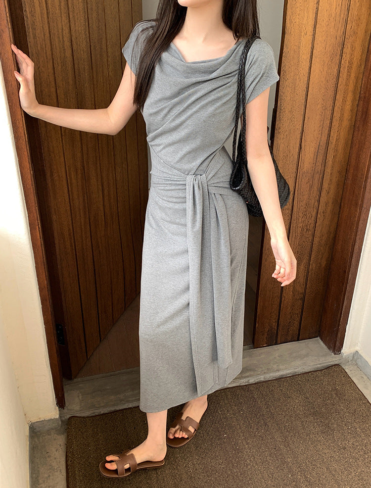 [Versatile] Waist Tie Design Short-Sleeve Long Dress