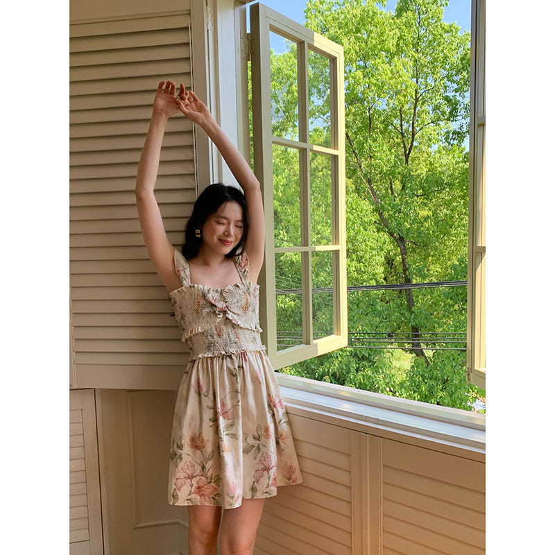 [Vacation] French Romantic Flower Pleated Dress