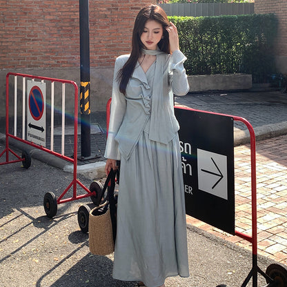 [Vacation] Chiffon Shirt + High-waisted Long Skirt Set