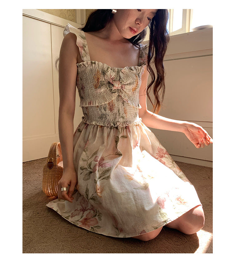 [Vacation] French Romantic Flower Pleated Dress