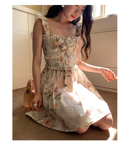[Vacation] French Romantic Flower Pleated Dress
