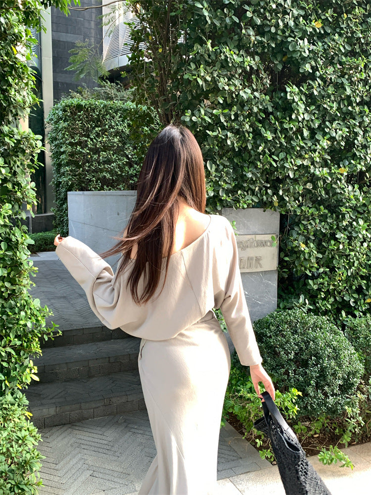 [Elegant] Spring Chiffon Shirt + High-waisted A-Line Long Skirt Set