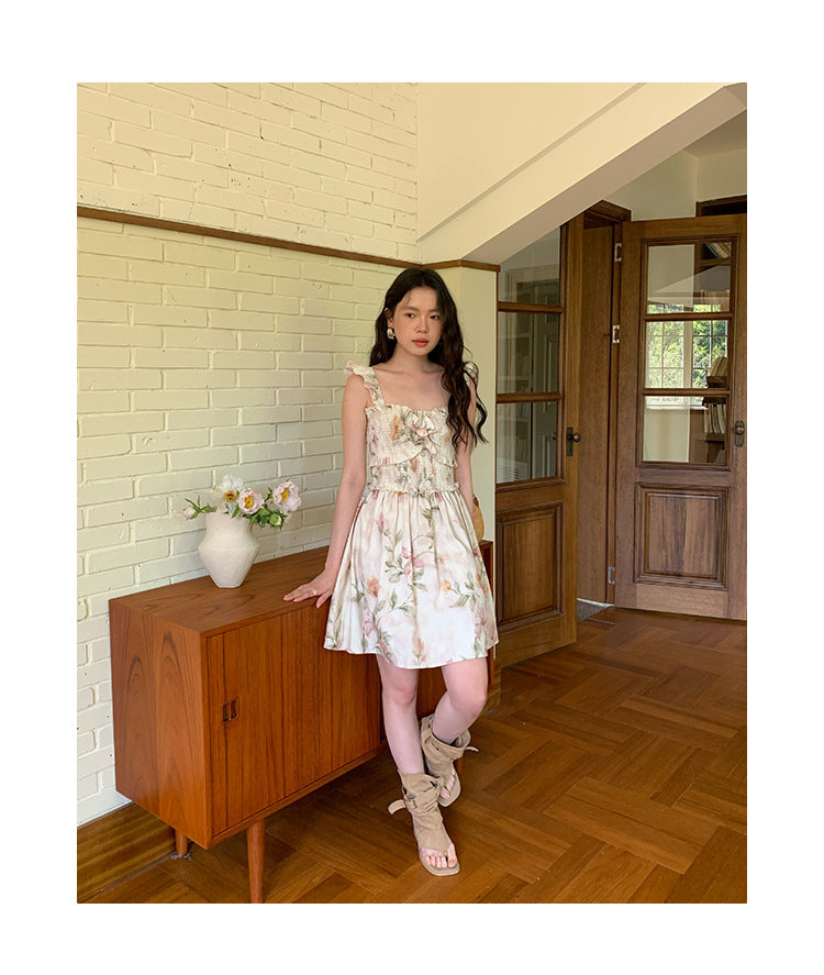 [Vacation] French Romantic Flower Pleated Dress