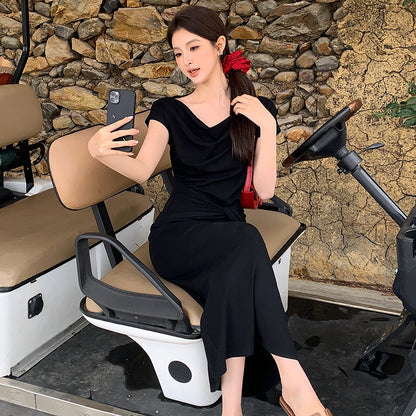 [Versatile] Waist Tie Design Short-Sleeve Long Dress