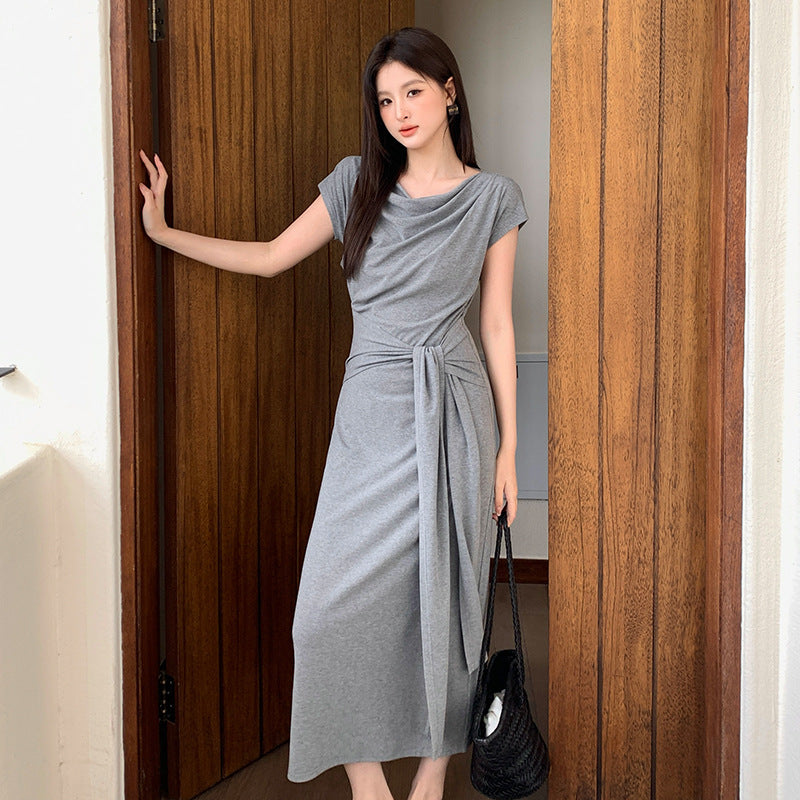 [Versatile] Waist Tie Design Short-Sleeve Long Dress