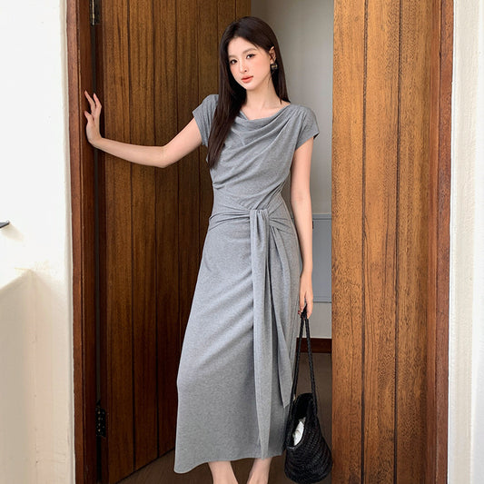 [Versatile] Waist Tie Design Short-Sleeve Long Dress