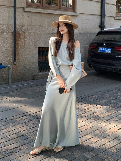 [Elegant] Spring Chiffon Shirt + High-waisted A-Line Long Skirt Set