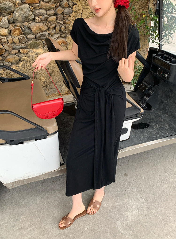 [Versatile] Waist Tie Design Short-Sleeve Long Dress