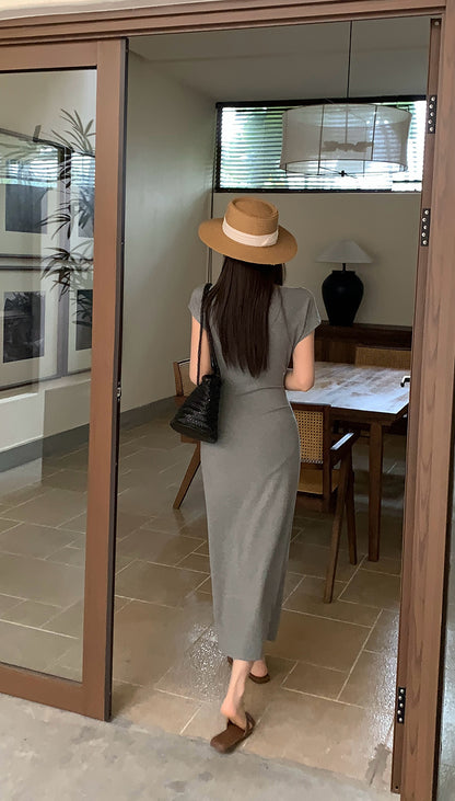 [Versatile] Waist Tie Design Short-Sleeve Long Dress