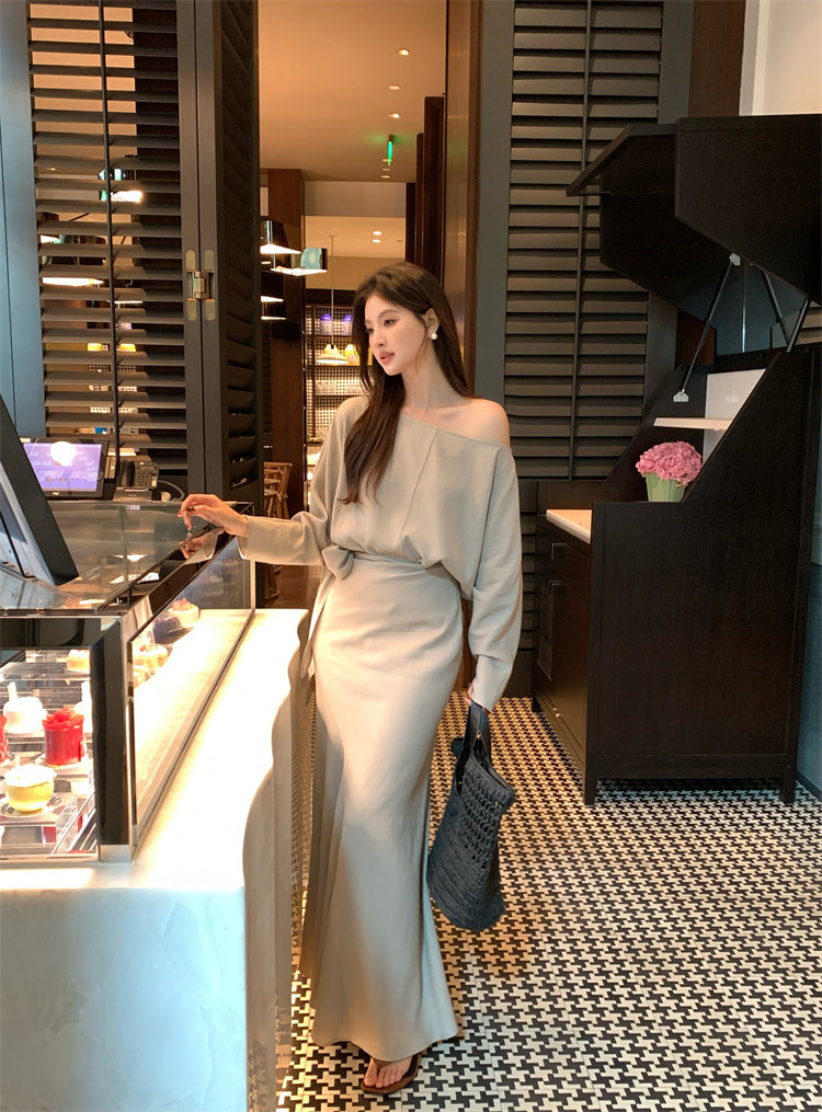 [Elegant] Spring Chiffon Shirt + High-waisted A-Line Long Skirt Set