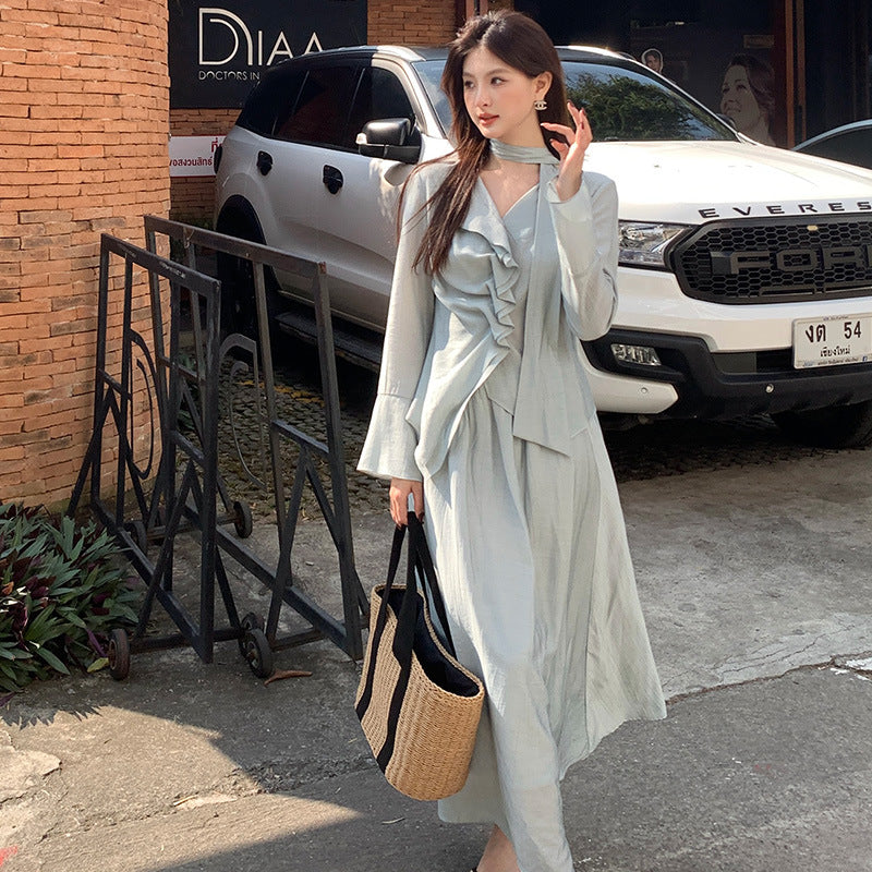 [Vacation] Chiffon Shirt + High-waisted Long Skirt Set