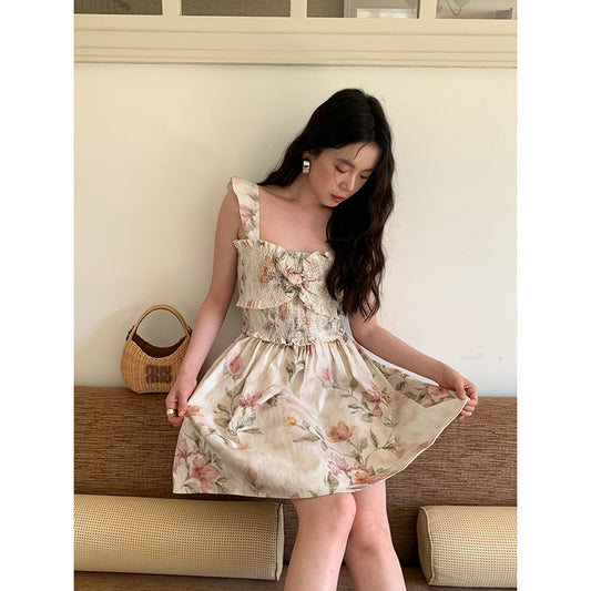 [Vacation] French Romantic Flower Pleated Dress